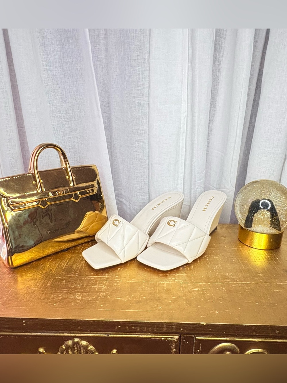 Coach White Quilted Gold Logo Wedge Sandals Size 10 NWT